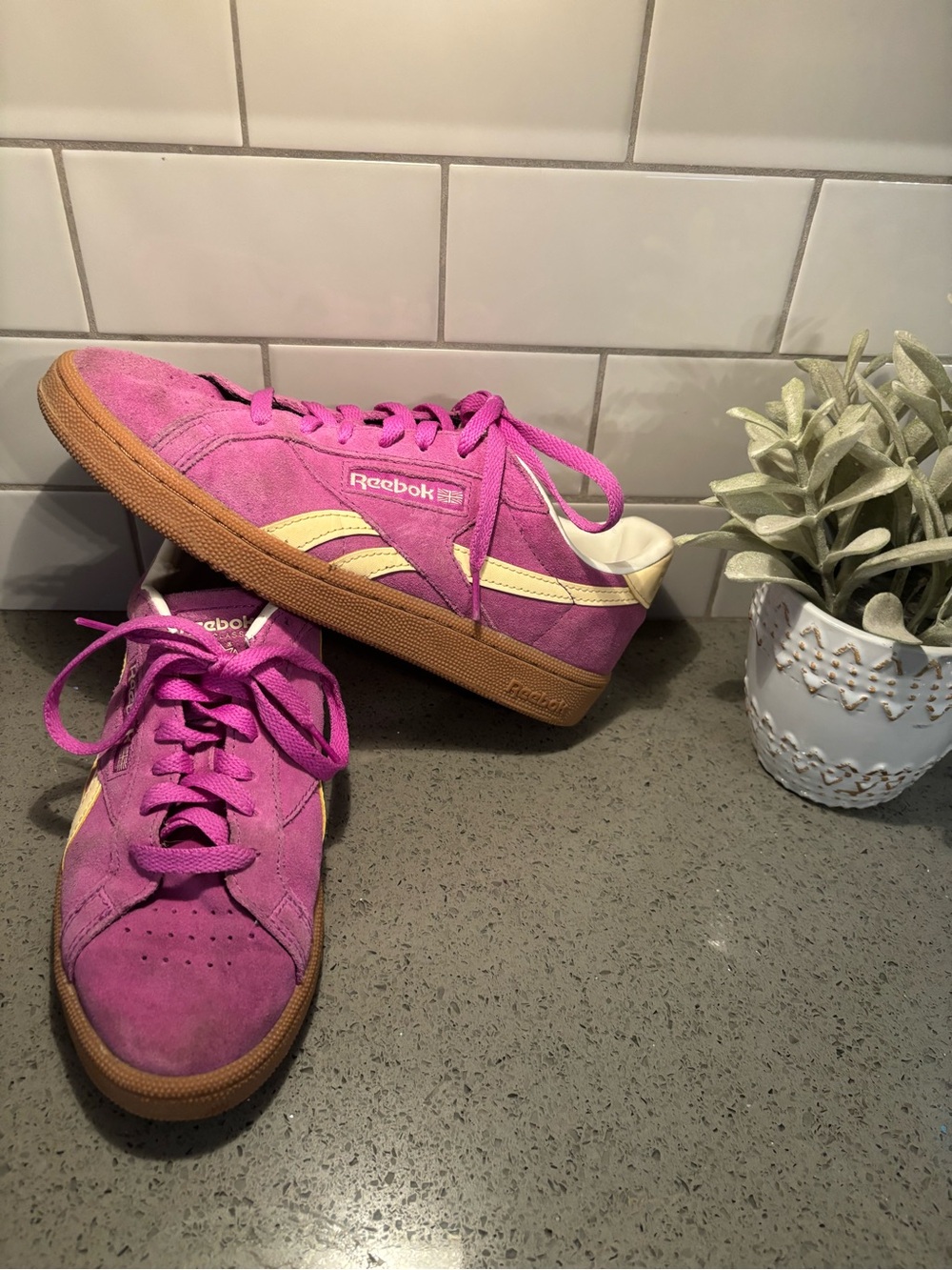 Reebok Purple Suede Low-Top Sneakers with Cream Stripes and Gum Outsole